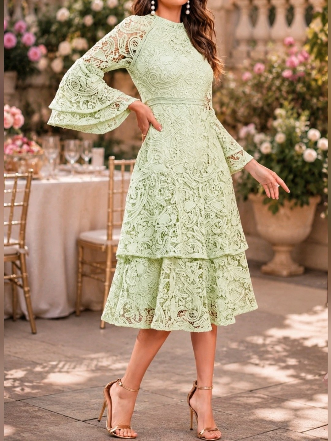 New Chic Embroidered Lace Layered Dress Green